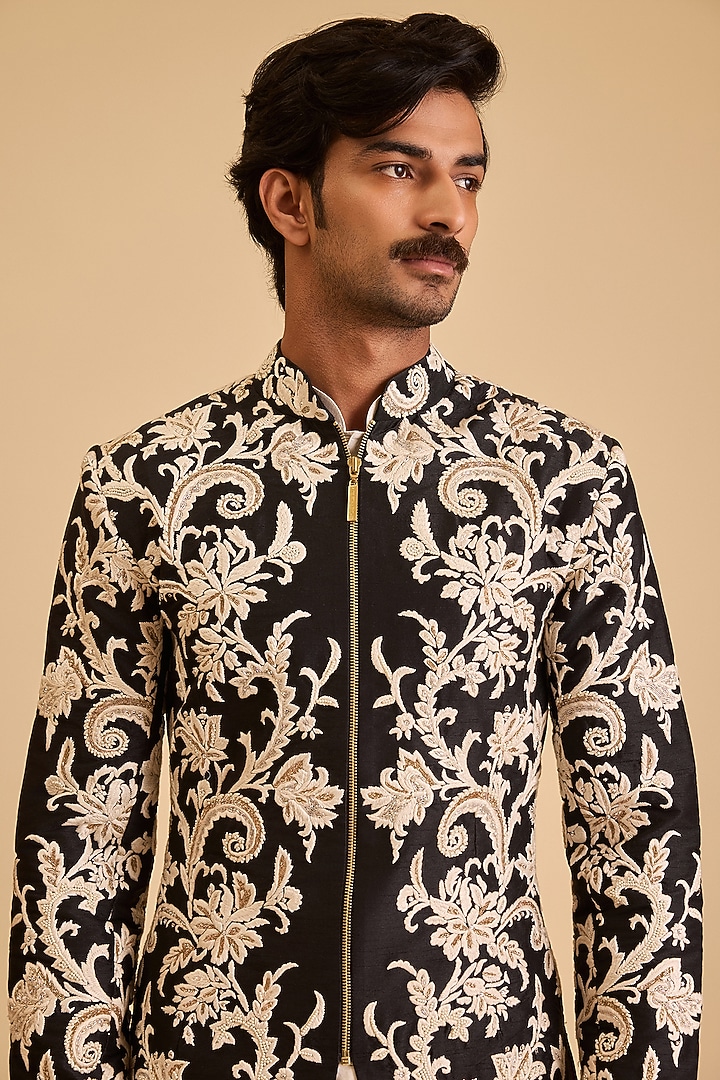 Black Dupion Zardosi Embroidered Groom Sherwani Set by Siddartha Tytler Men at Pernia's Pop Up Shop