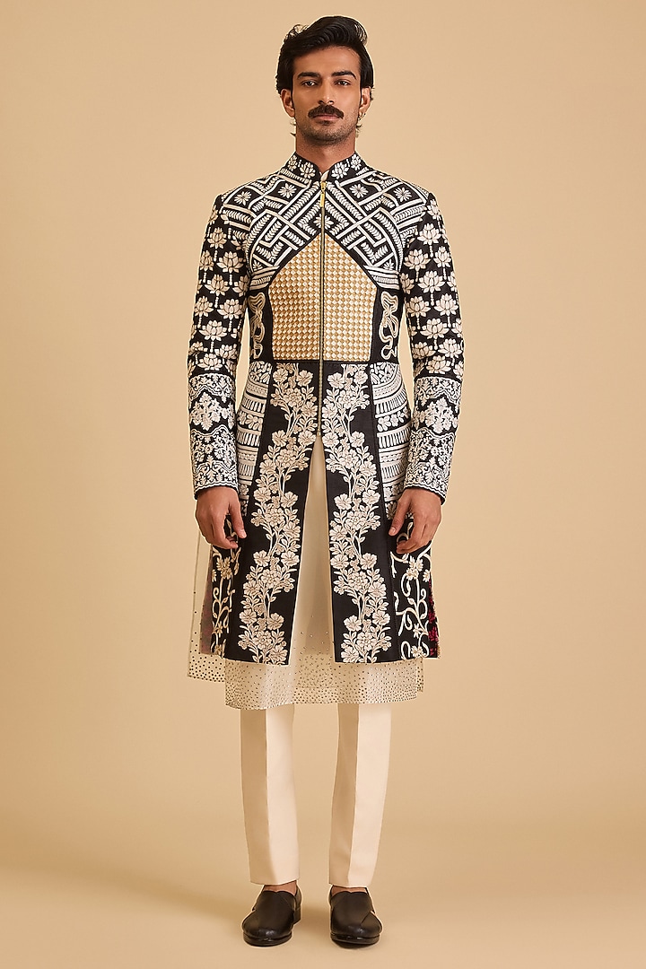 Black Dupion Threadwork Groom Sherwani Set by Siddartha Tytler Men at Pernia's Pop Up Shop