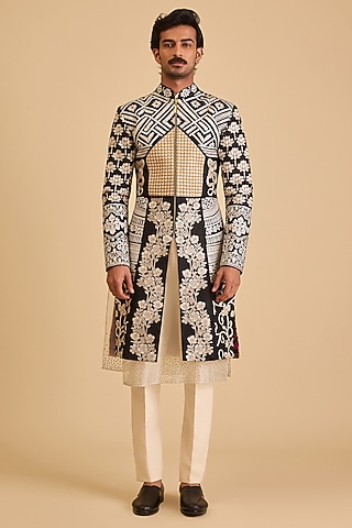 Black Dupion Threadwork Sherwani Set by Siddartha Tytler Men