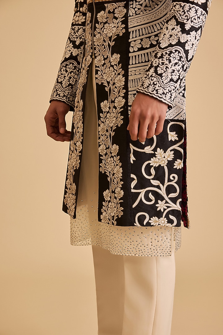 Black Dupion Threadwork Groom Sherwani Set by Siddartha Tytler Men at Pernia's Pop Up Shop