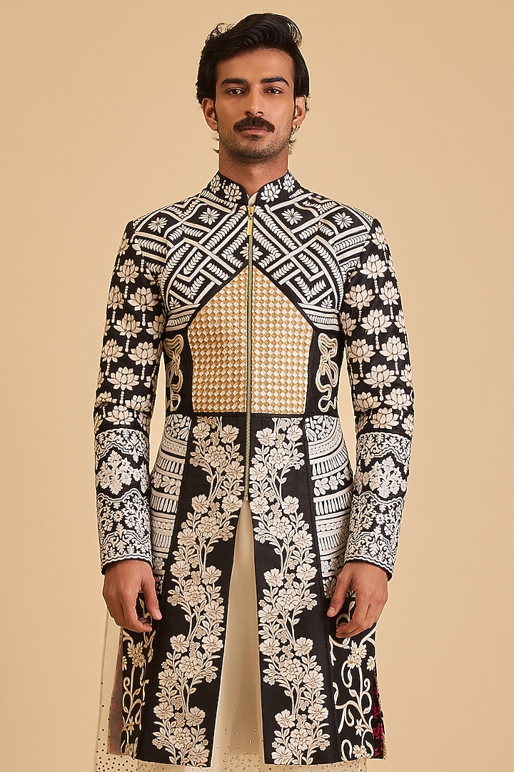 Black Dupion Threadwork Groom Sherwani Set by Siddartha Tytler Men at Pernia's Pop Up Shop