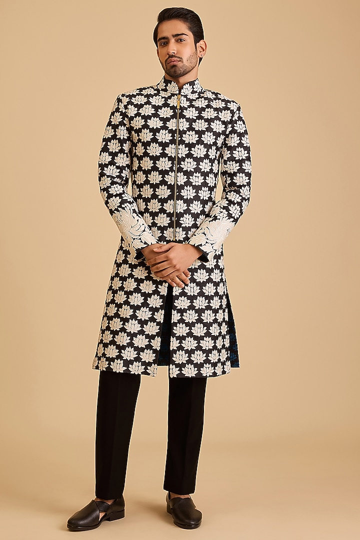 Black Dupion Applique Embroidered Groom Sherwani Set by Siddartha Tytler Men at Pernia's Pop Up Shop