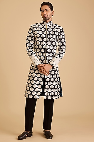 Black Dupion Applique Embroidered Sherwani Set by Siddartha Tytler Men
