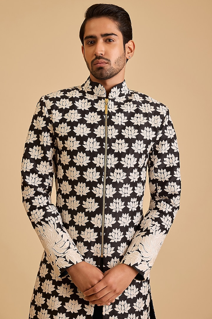 Black Dupion Applique Embroidered Groom Sherwani Set by Siddartha Tytler Men at Pernia's Pop Up Shop