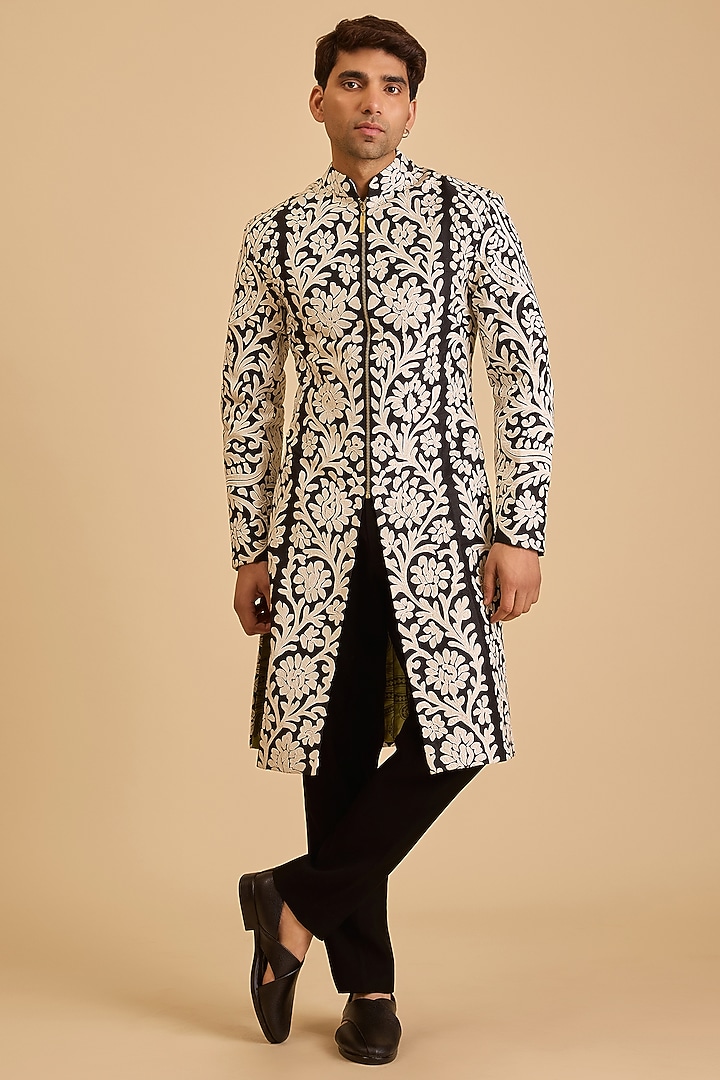 Black Dupion Applique Embroidered Groom Sherwani Set by Siddartha Tytler Men at Pernia's Pop Up Shop