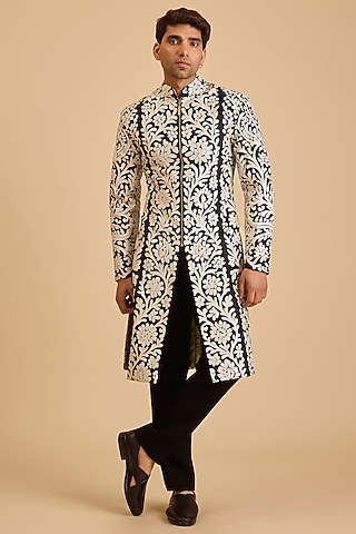 Black Dupion Applique Embroidered Sherwani Set by Siddartha Tytler Men