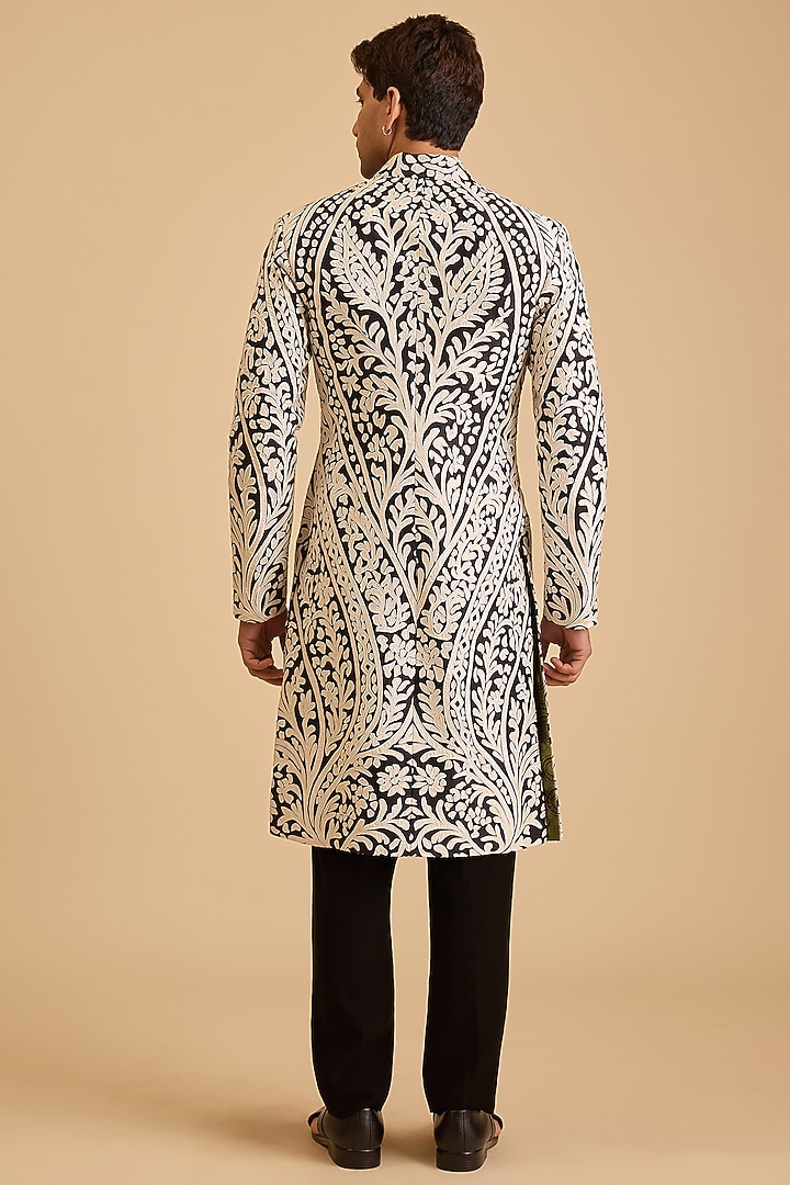 Black Dupion Applique Embroidered Groom Sherwani Set by Siddartha Tytler Men at Pernia's Pop Up Shop