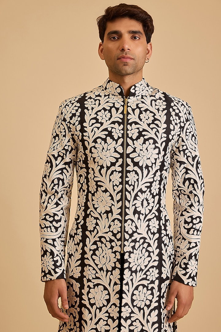Black Dupion Applique Embroidered Groom Sherwani Set by Siddartha Tytler Men at Pernia's Pop Up Shop