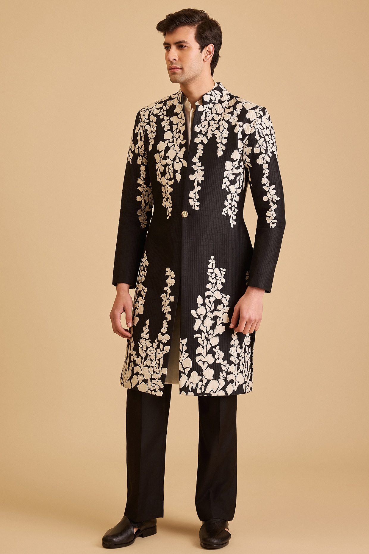 Siddartha Tytler Black Dupion Applique Embroidered Sherwani Set