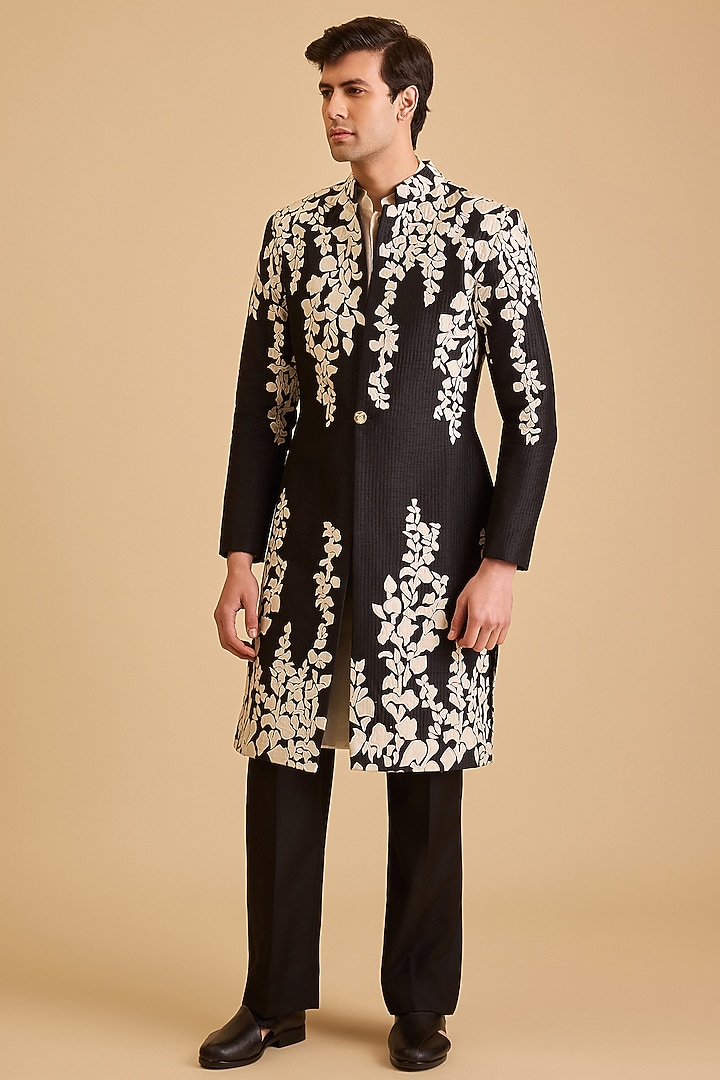 Black Dupion Applique Embroidered Groom Sherwani Set by Siddartha Tytler Men at Pernia's Pop Up Shop