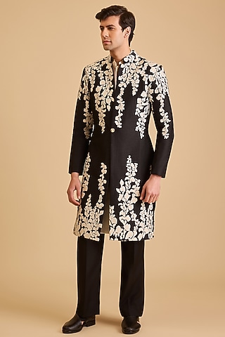 Black Dupion Applique Embroidered Sherwani Set by Siddartha Tytler Men