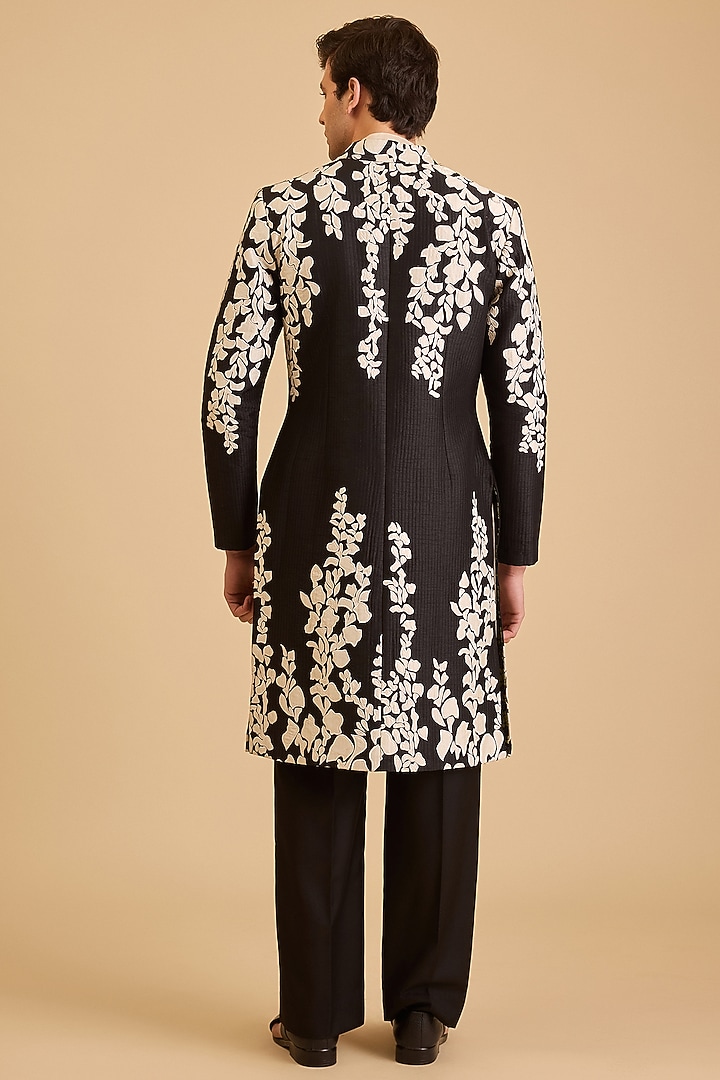 Black Dupion Applique Embroidered Groom Sherwani Set by Siddartha Tytler Men at Pernia's Pop Up Shop