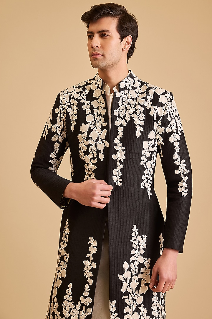 Black Dupion Applique Embroidered Groom Sherwani Set by Siddartha Tytler Men at Pernia's Pop Up Shop
