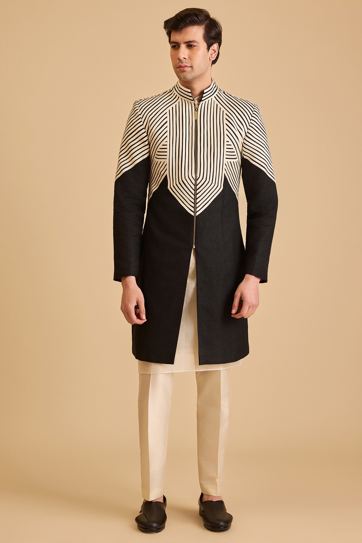 Siddartha Tytler Black Matka Silk Strip Work Sherwani Set