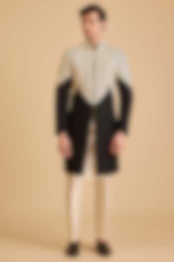 Black Matka Silk Strip Work Groom Sherwani Set by Siddartha Tytler Men at Pernia's Pop Up Shop