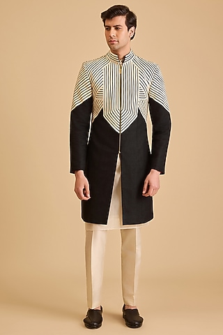 Black Matka Silk Strip Work Sherwani Set by Siddartha Tytler Men