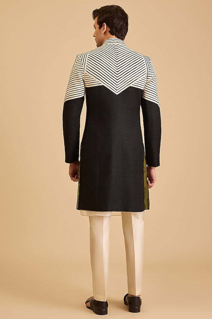 Black Matka Silk Strip Work Groom Sherwani Set by Siddartha Tytler Men at Pernia's Pop Up Shop