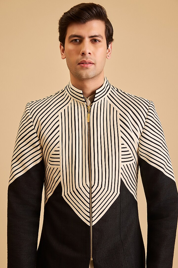 Black Matka Silk Strip Work Groom Sherwani Set by Siddartha Tytler Men at Pernia's Pop Up Shop