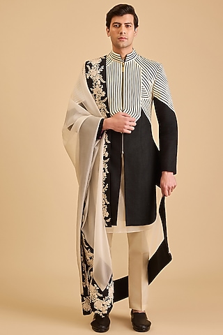 Ivory Silk Organza Gara Embroidered Dupatta by Siddartha Tytler Men