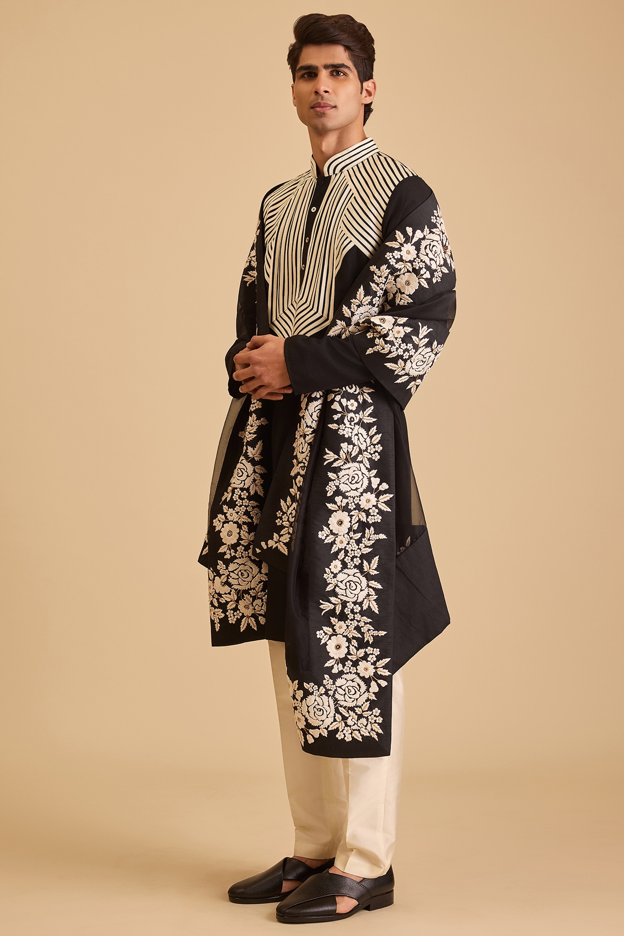 Siddartha Tytler Black Linen Strip Work Kurta Set