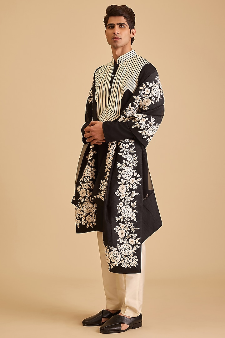 Black Linen Strip Work Kurta Set by Siddartha Tytler Men at Pernia's Pop Up Shop