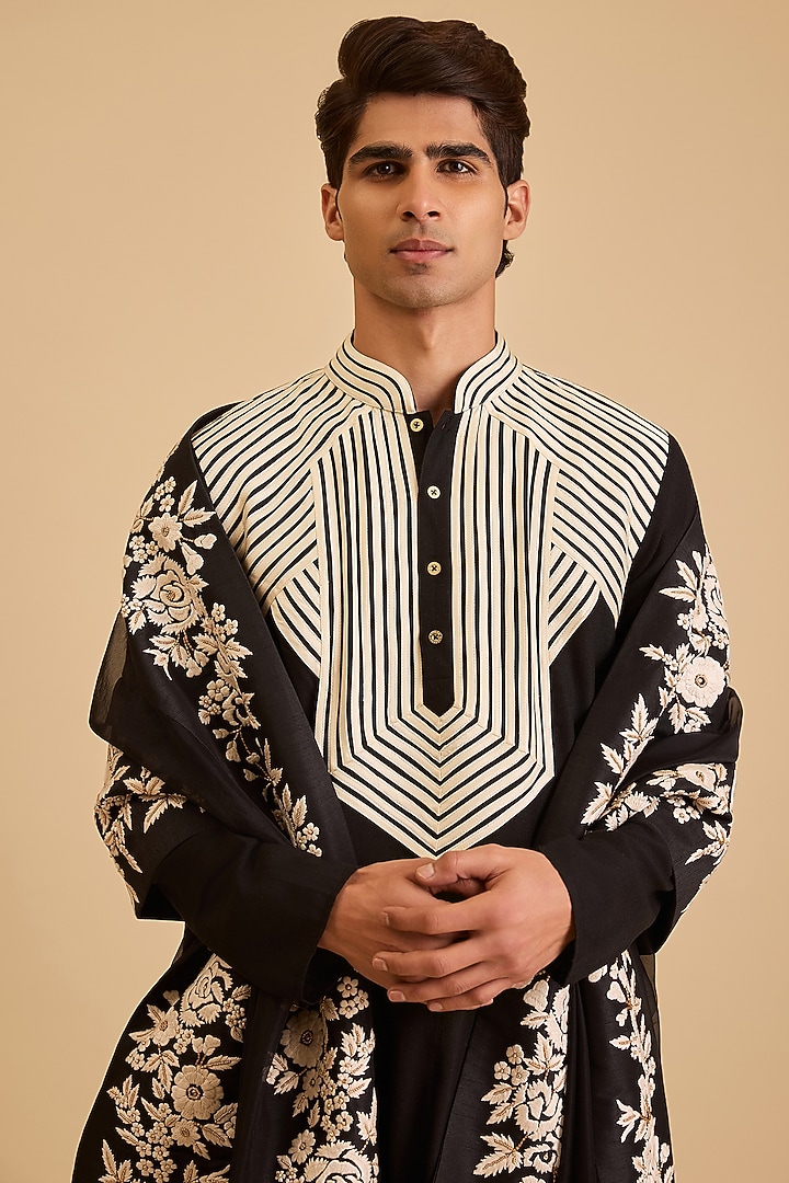 Black Linen Strip Work Kurta Set by Siddartha Tytler Men at Pernia's Pop Up Shop