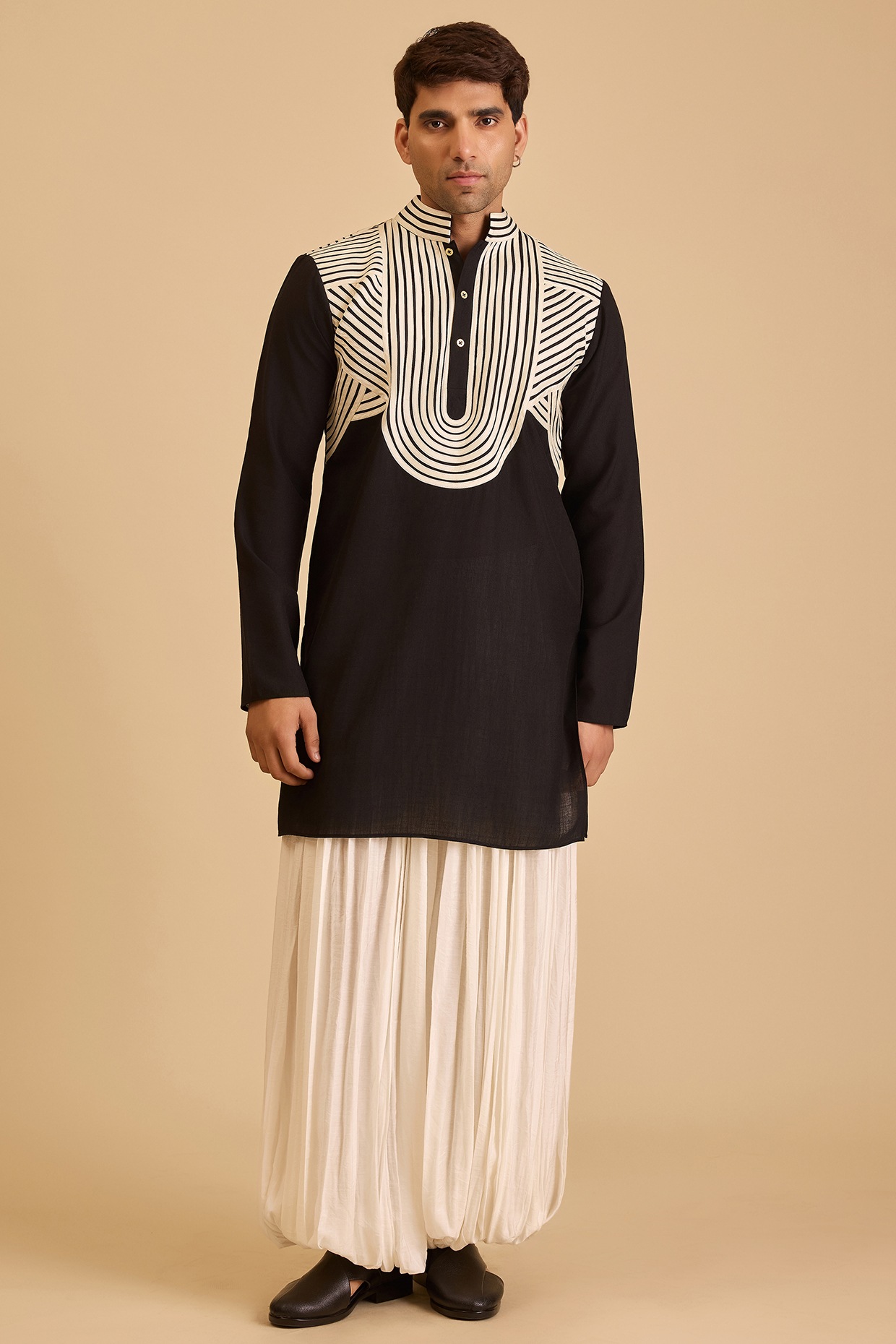 Siddartha Tytler Black Blended Linen Strip Work Kurta