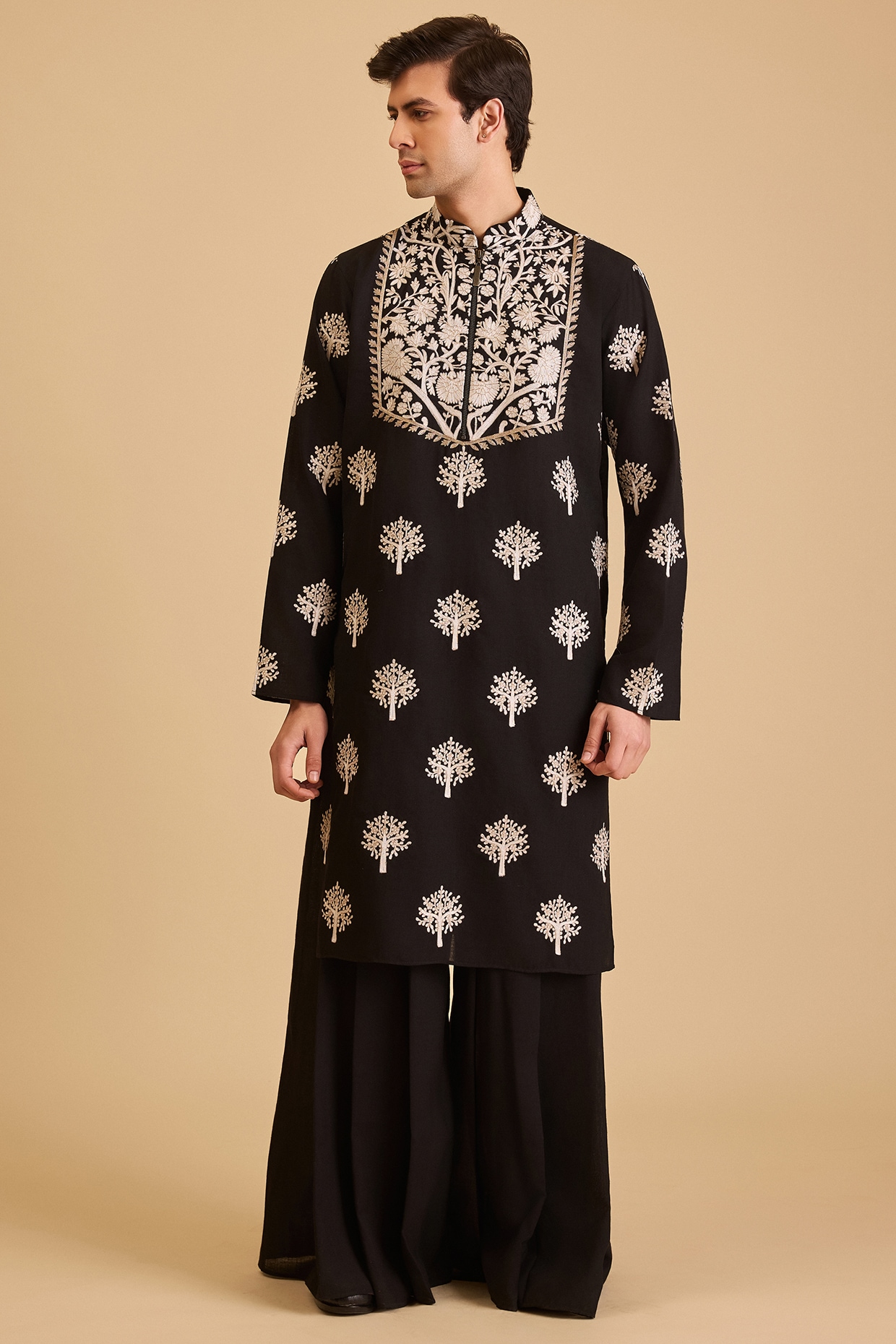 Siddartha Tytler Black Blended Linen Aari Embroidered Kurta