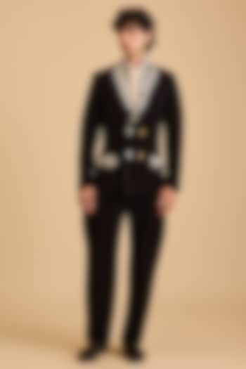 Black Micro Fiber & Japanese Fabric Crystal Embroidered Blazer Set by Siddartha Tytler Men at Pernia's Pop Up Shop