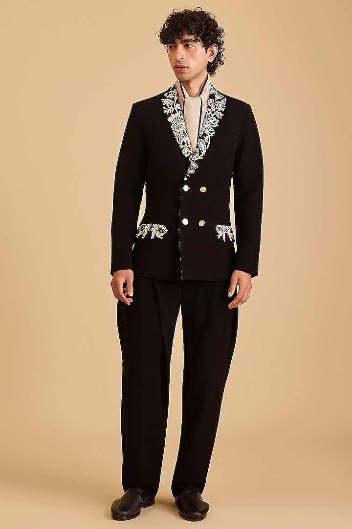 Black Micro Fiber & Japanese Fabric Crystal Embroidered Blazer Set by Siddartha Tytler Men at Pernia's Pop Up Shop
