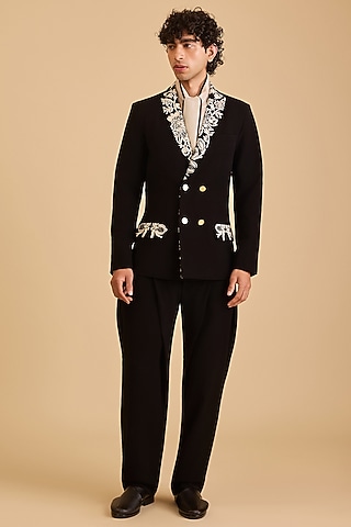 Black Micro Fiber & Japanese Fabric Crystal Embroidered Blazer Set by Siddartha Tytler Men