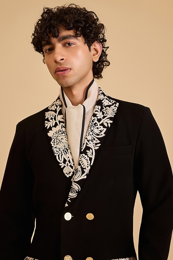 Black Micro Fiber & Japanese Fabric Crystal Embroidered Blazer Set by Siddartha Tytler Men at Pernia's Pop Up Shop
