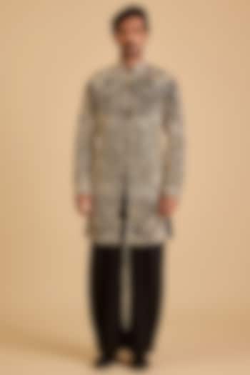 Black Raw Silk & Dupion Pearl Embroidered Groom Sherwani Set by Siddartha Tytler Men at Pernia's Pop Up Shop