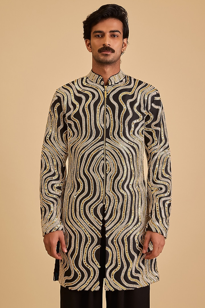 Black Raw Silk & Dupion Pearl Embroidered Groom Sherwani Set by Siddartha Tytler Men at Pernia's Pop Up Shop