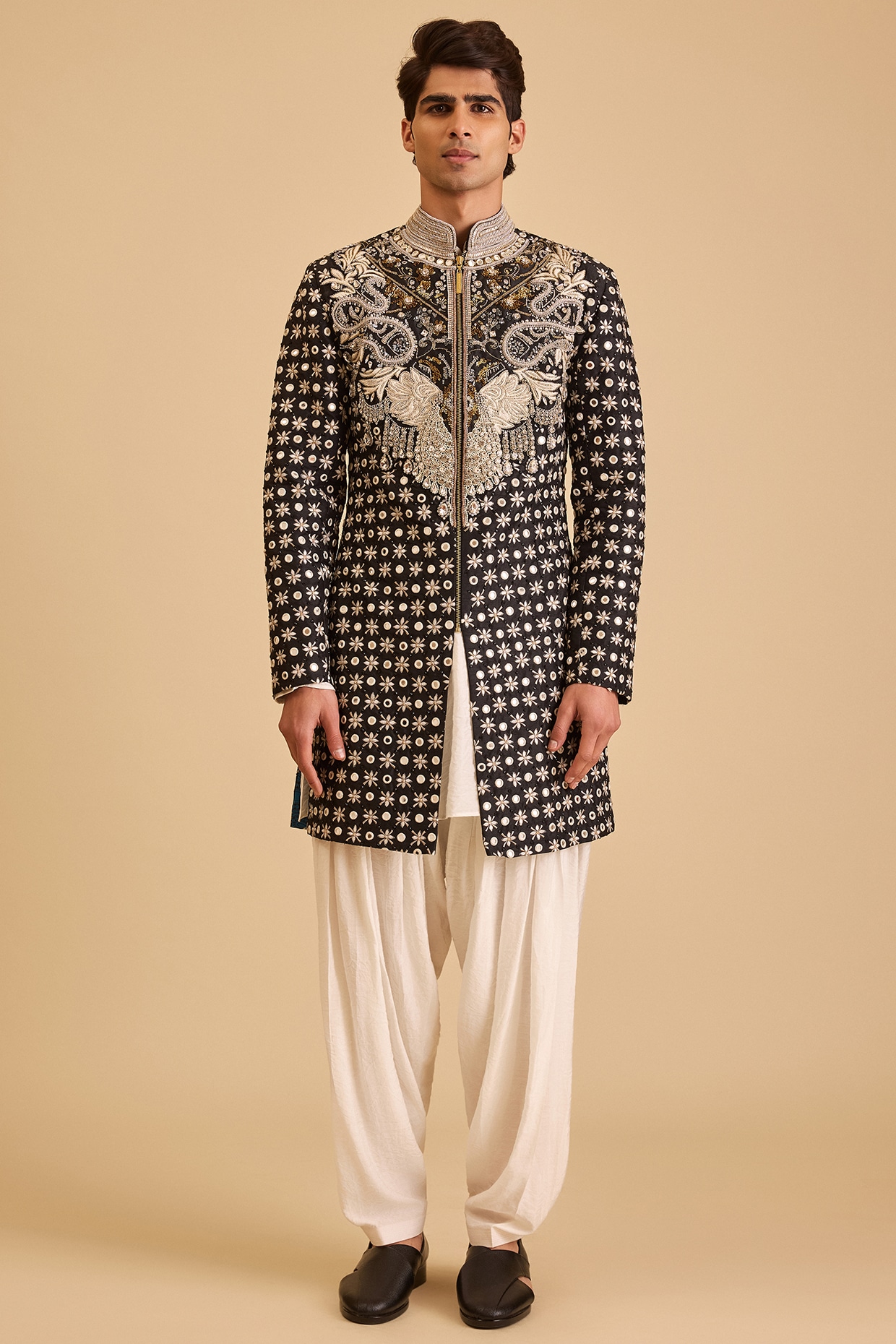Siddartha Tytler Black & White Raw Silk Mirror Embroidered Sherwani Set