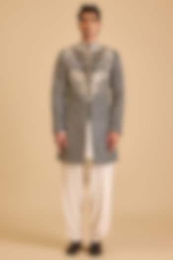 Black & White Raw Silk Mirror Embroidered Groom Sherwani Set by Siddartha Tytler Men at Pernia's Pop Up Shop
