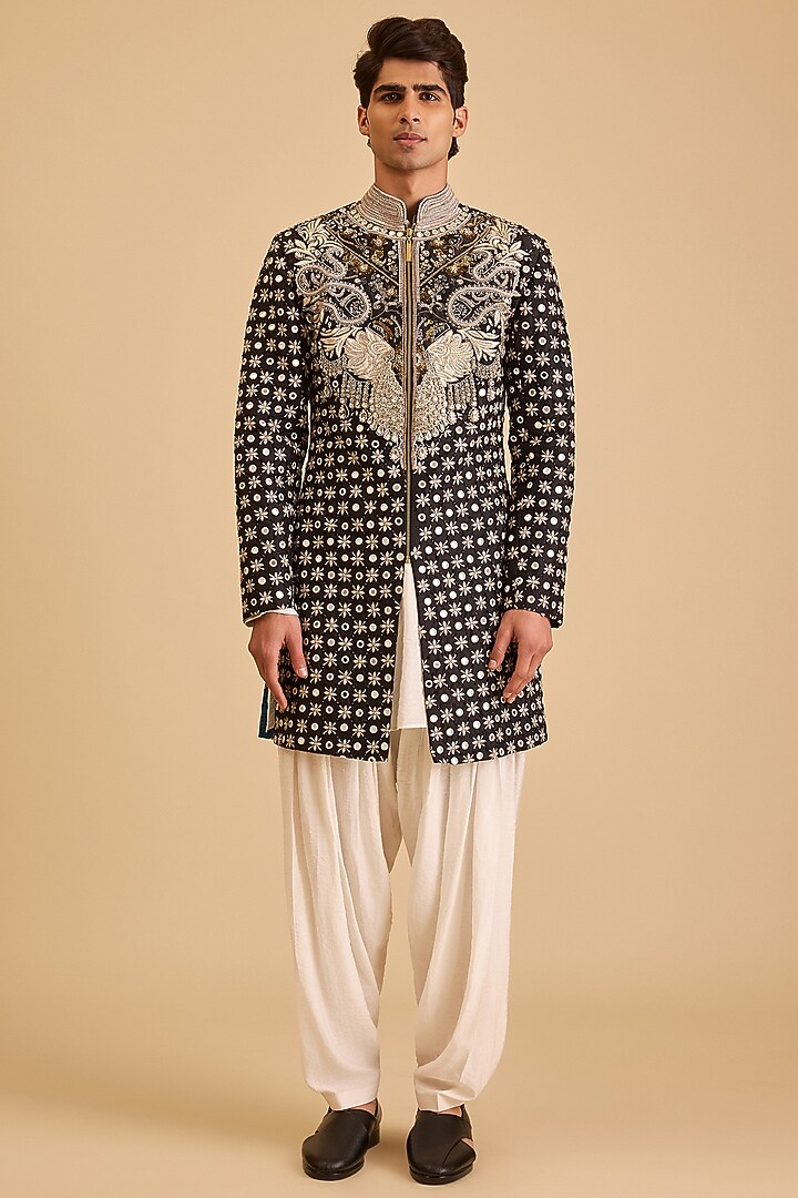 Black & White Raw Silk Mirror Embroidered Groom Sherwani Set by Siddartha Tytler Men at Pernia's Pop Up Shop