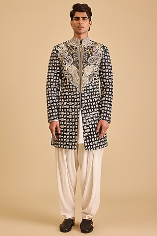 Black & White Raw Silk Mirror Embroidered Sherwani Set by Siddartha Tytler Men