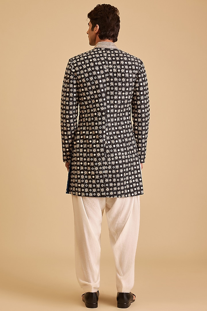 Black & White Raw Silk Mirror Embroidered Groom Sherwani Set by Siddartha Tytler Men at Pernia's Pop Up Shop