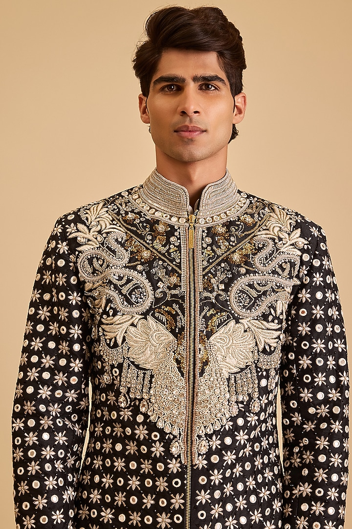 Black & White Raw Silk Mirror Embroidered Groom Sherwani Set by Siddartha Tytler Men at Pernia's Pop Up Shop