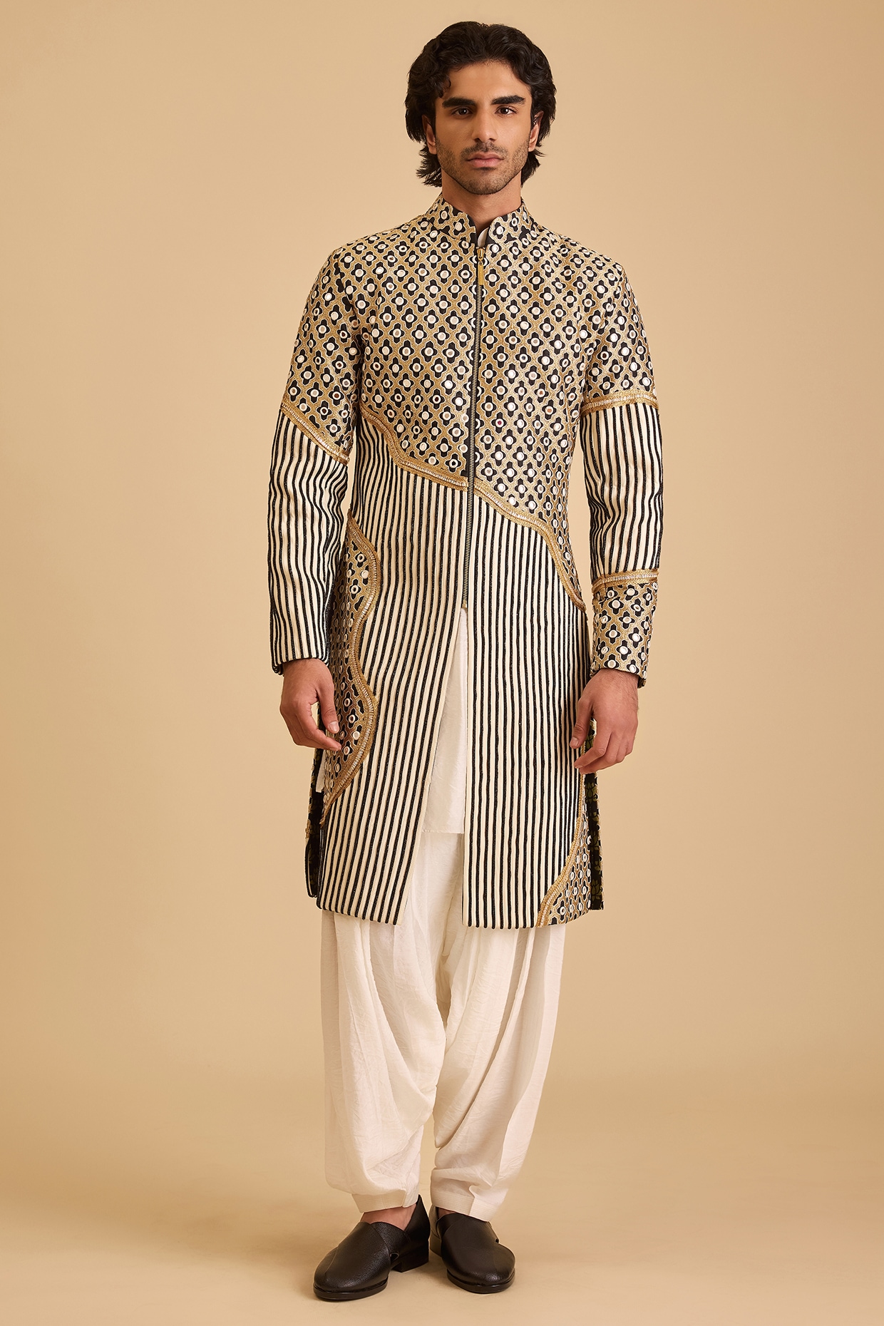 Siddartha Tytler Black & White Raw Silk Mirror Embroidered Sherwani Set