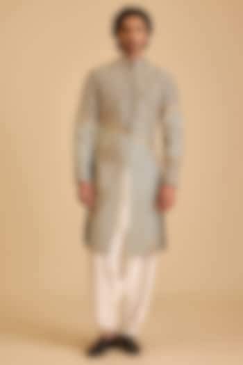 Black & White Raw Silk Mirror Embroidered Groom Sherwani Set by Siddartha Tytler Men at Pernia's Pop Up Shop