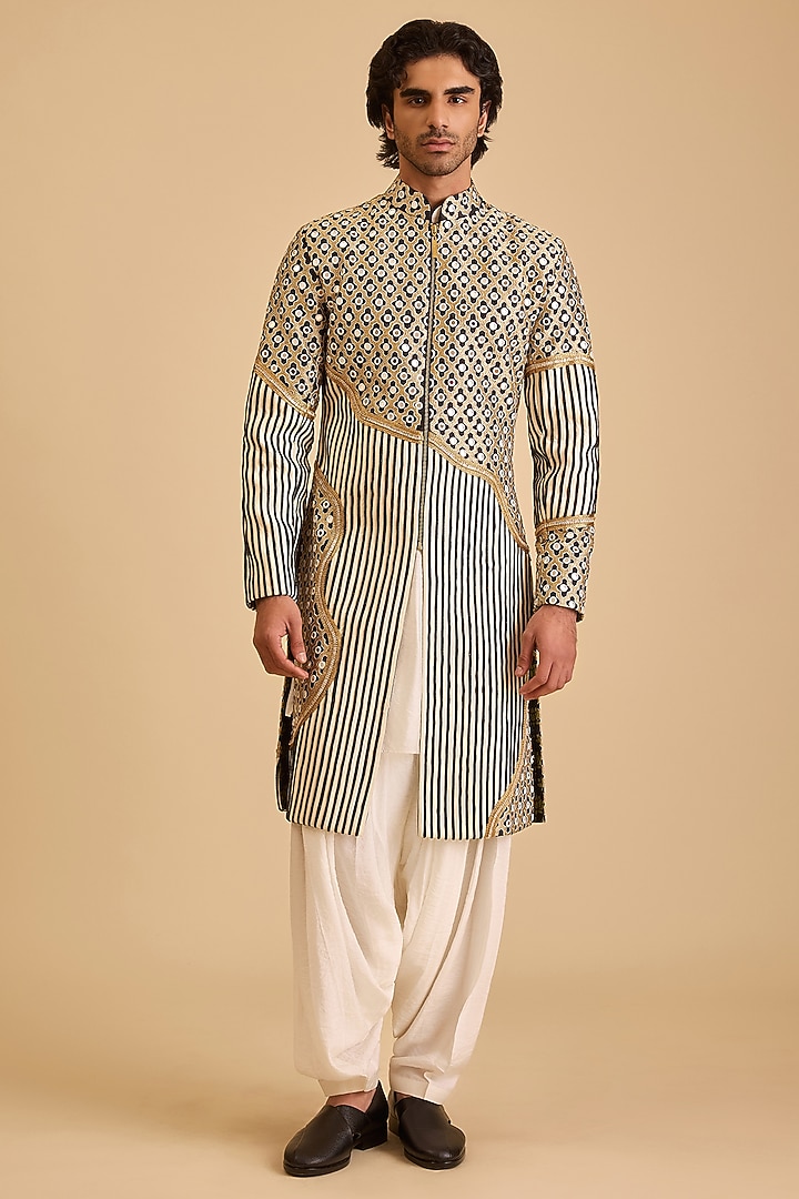 Black & White Raw Silk Mirror Embroidered Groom Sherwani Set by Siddartha Tytler Men at Pernia's Pop Up Shop