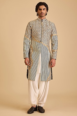 Black & White Raw Silk Mirror Embroidered Sherwani Set by Siddartha Tytler Men