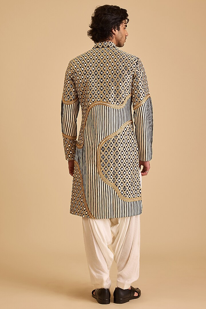 Black & White Raw Silk Mirror Embroidered Groom Sherwani Set by Siddartha Tytler Men at Pernia's Pop Up Shop