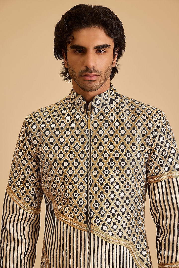 Black & White Raw Silk Mirror Embroidered Groom Sherwani Set by Siddartha Tytler Men at Pernia's Pop Up Shop