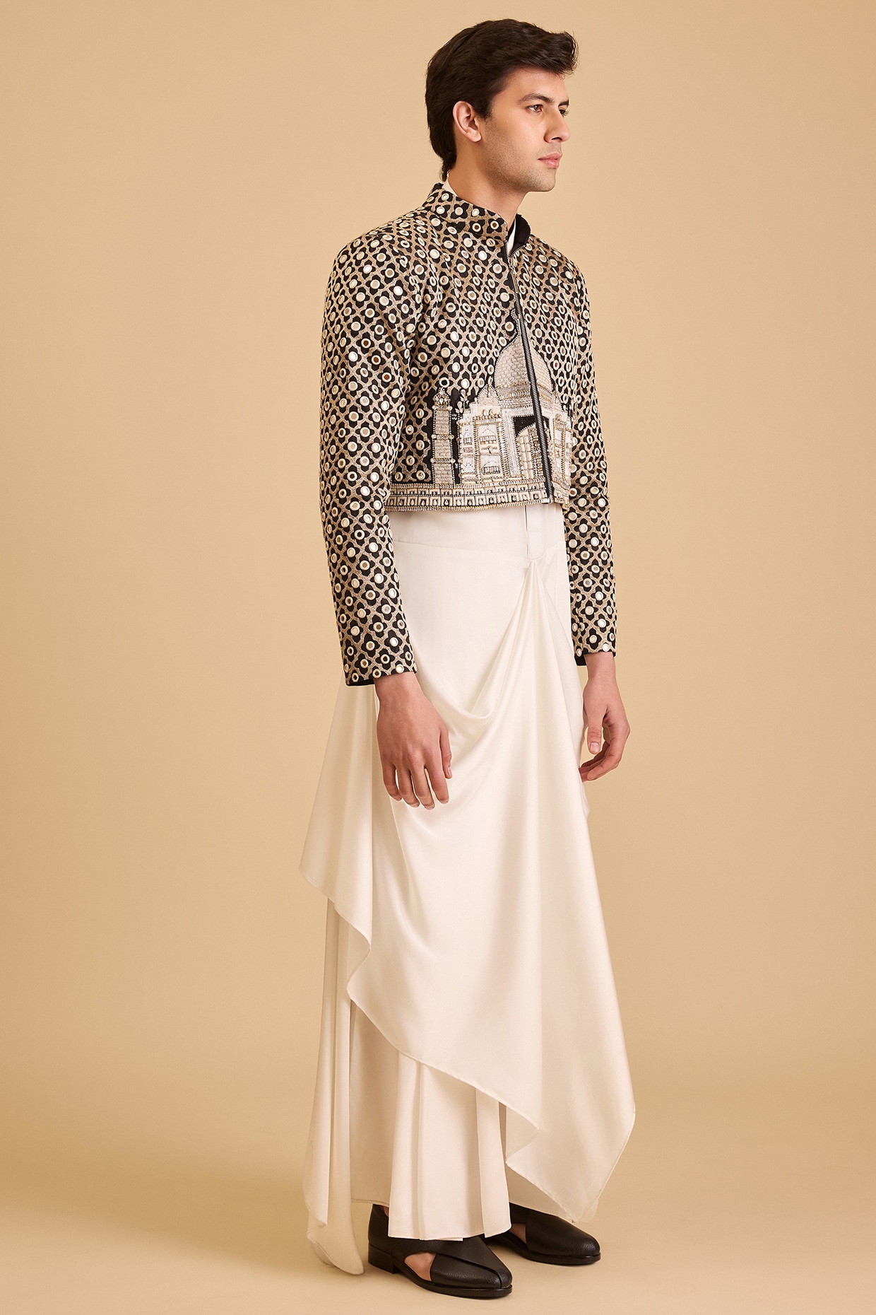 Siddartha Tytler Black & White Raw Silk Aari Embroidered Jacket Kurta Set