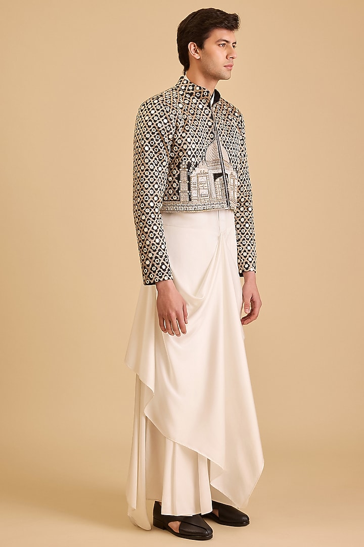 Black & White Raw Silk Aari Embroidered Jacket Kurta Set by Siddartha Tytler Men at Pernia's Pop Up Shop