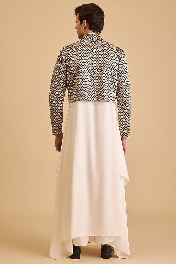 Black & White Raw Silk Aari Embroidered Jacket Kurta Set by Siddartha Tytler Men at Pernia's Pop Up Shop