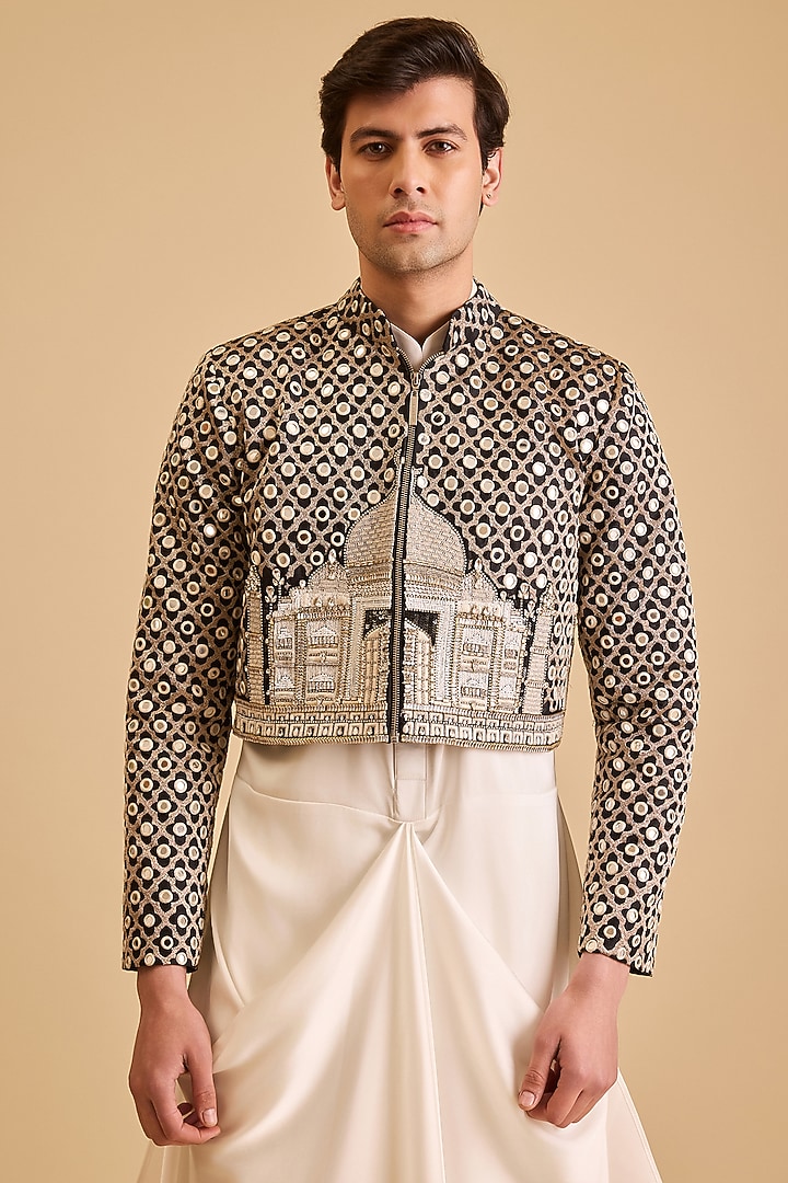 Black & White Raw Silk Aari Embroidered Jacket Kurta Set by Siddartha Tytler Men at Pernia's Pop Up Shop